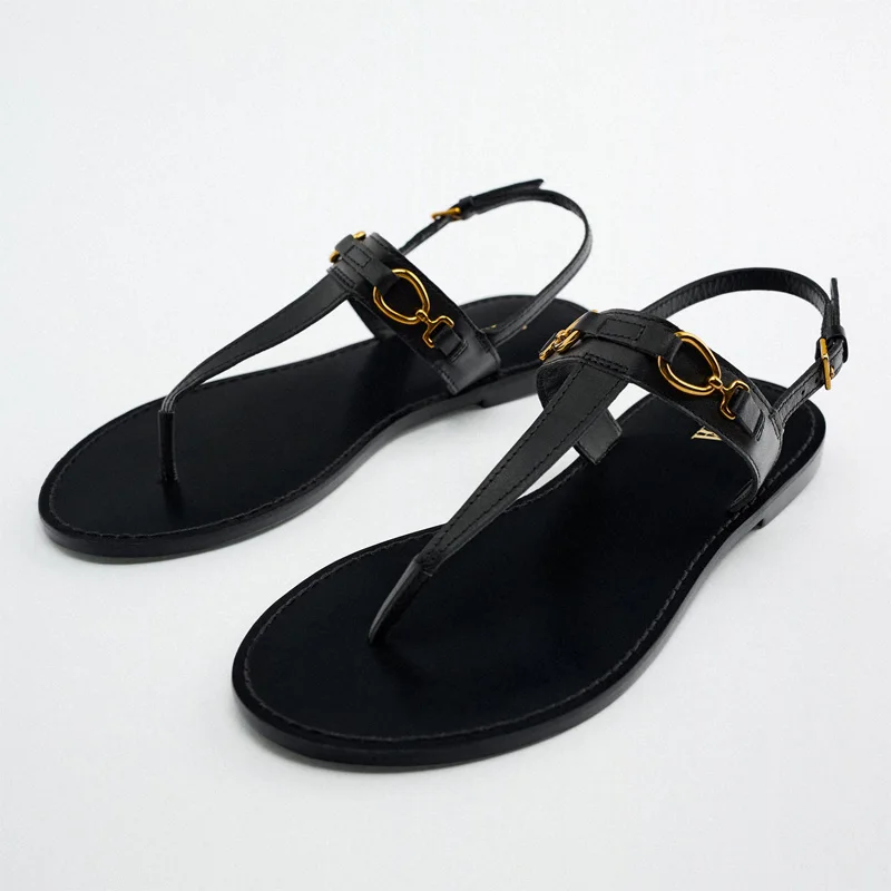 TRAF Flat Shoes Women Sandals 2022 Summer Beach Shoes Metal  Luxury Designer Shoes Women's Clip-On Roman Sandals Woman Shoes