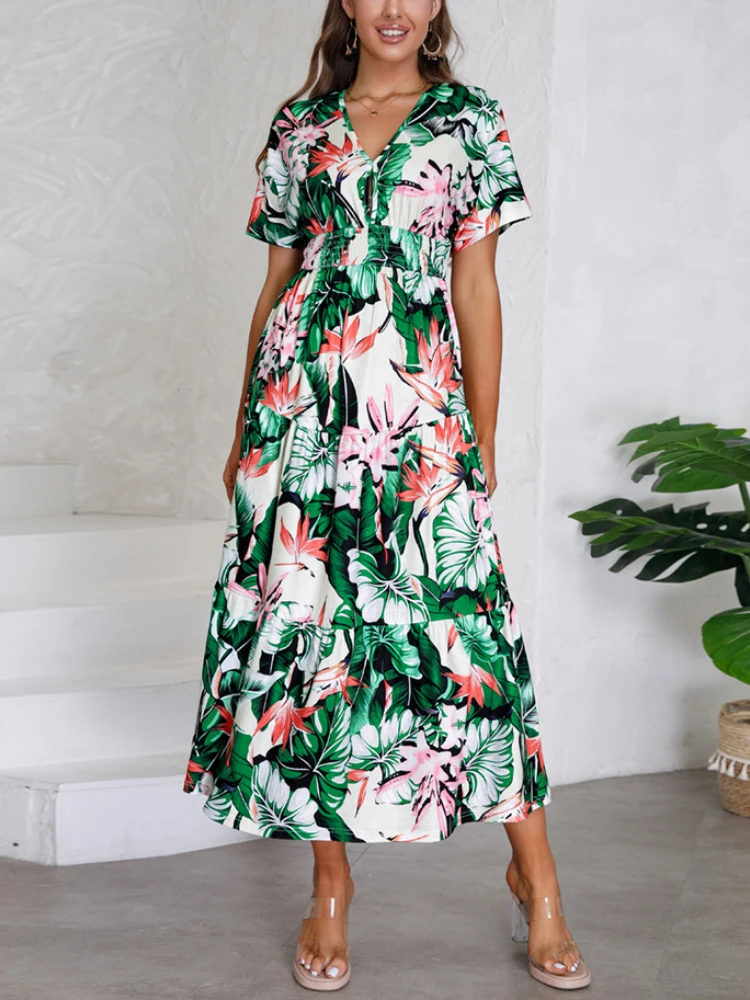 

Chic Print Women V-Neck Short Sleeve Dresses Summer 2023 Backless Dress Fashion Elastic Waist Design Long Dress Female Vestidos