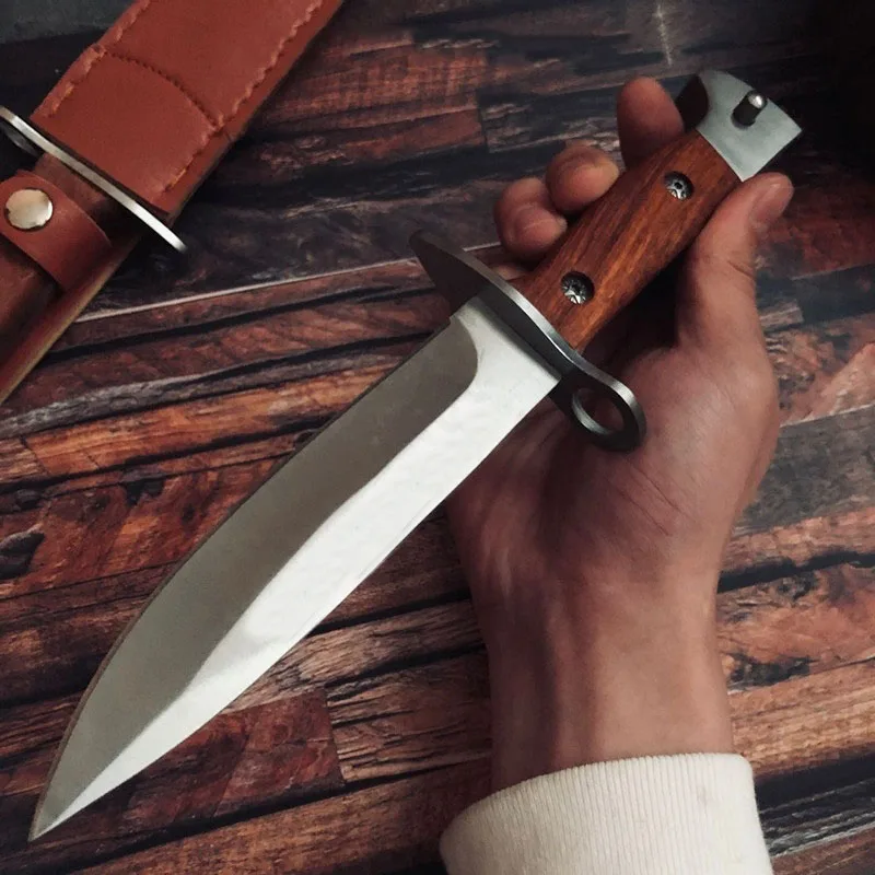 

Military Hunting Straight 7cr13steel Red Sandalwood Handle Knife Full Steel Combat Defense Fixed Blade Knives with Nylon Sheath