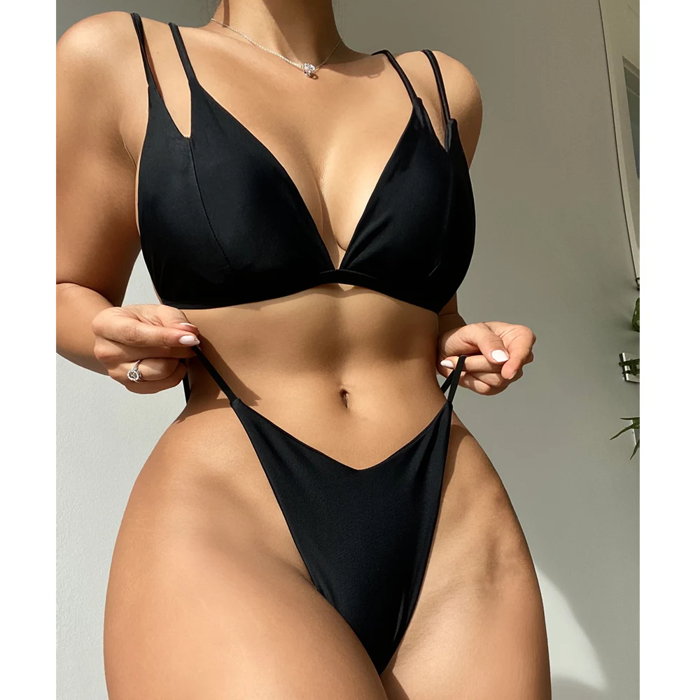 

VigoCasey Sexy Black Strapped Bikini Set Swimwear Women 2022 Deep V Push UP High Cut Thong Swimsuit Biquini Summer Bathing Suit