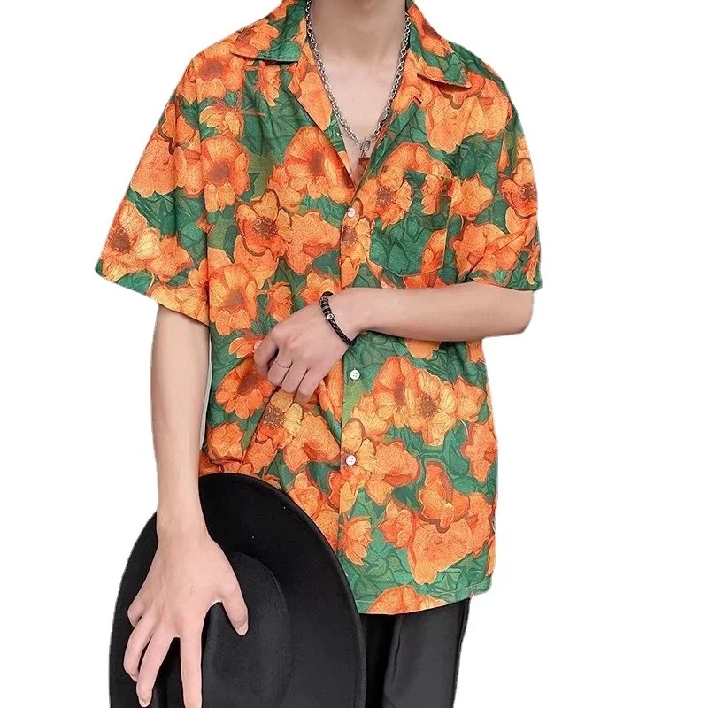 

Мужская свободная рубашка с коротким рукавом, винтажная пляжная уличная одежда в стиле Харадзюку с цветочным принтом, мужские повседневные корейские стильные универсальные трендовые Топы