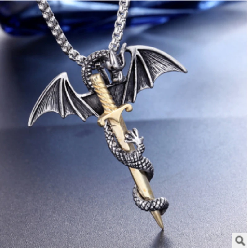 

Fashion income European and American tide men rock personality pterosaur golden sword guardian necklace dragon's love pendant