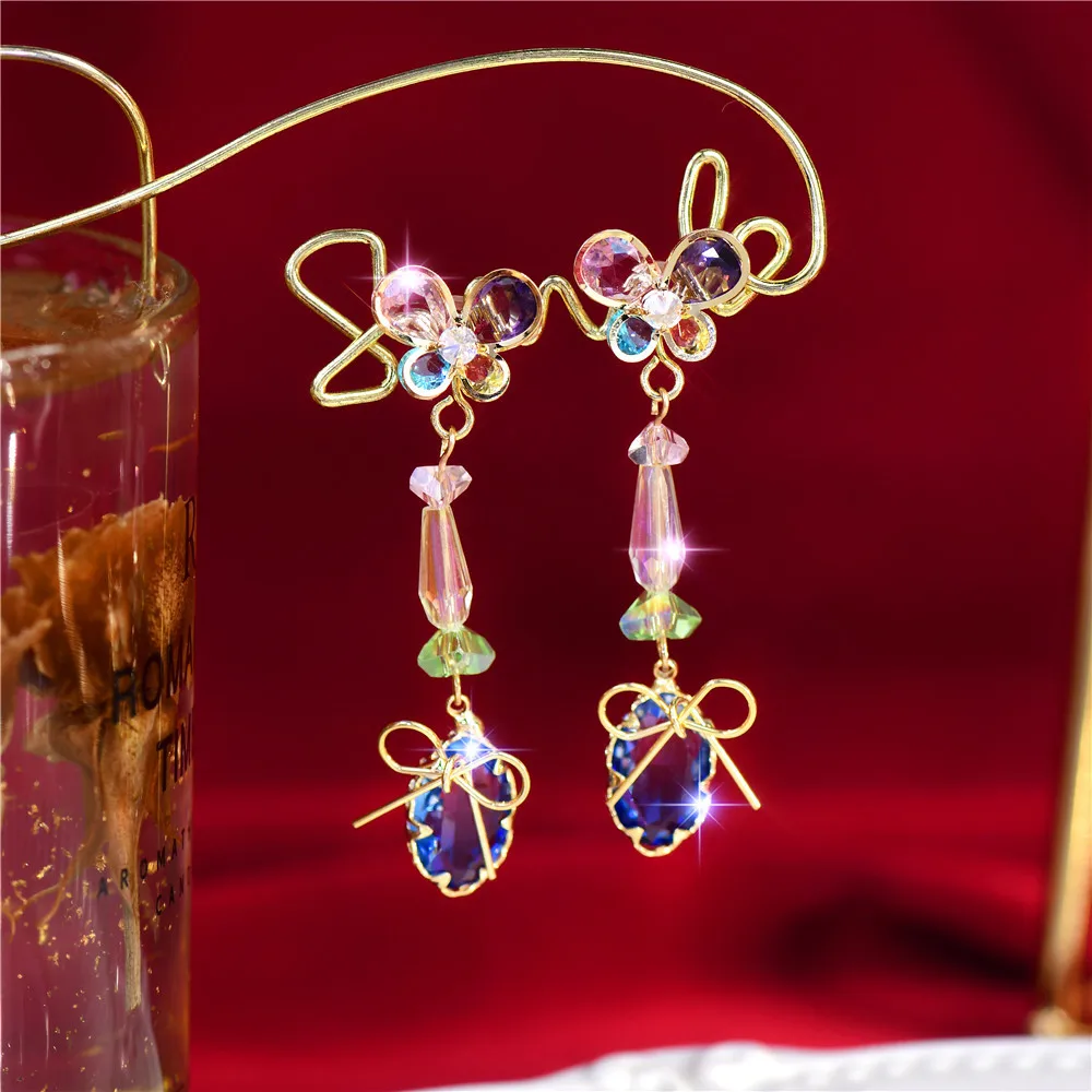

Fashion Designer Small Crowd Earrings French Exquisite Crystal Butterfly Tourmaline Colorful Bow Long Fairy Elegant Earrings