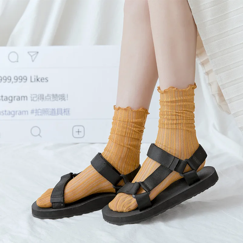 8 Pairs Transparent Glitter Socks For Women Fashion Thin Striped Mesh Stockings Female Lolita Lace Socks Filigree Loose Socks