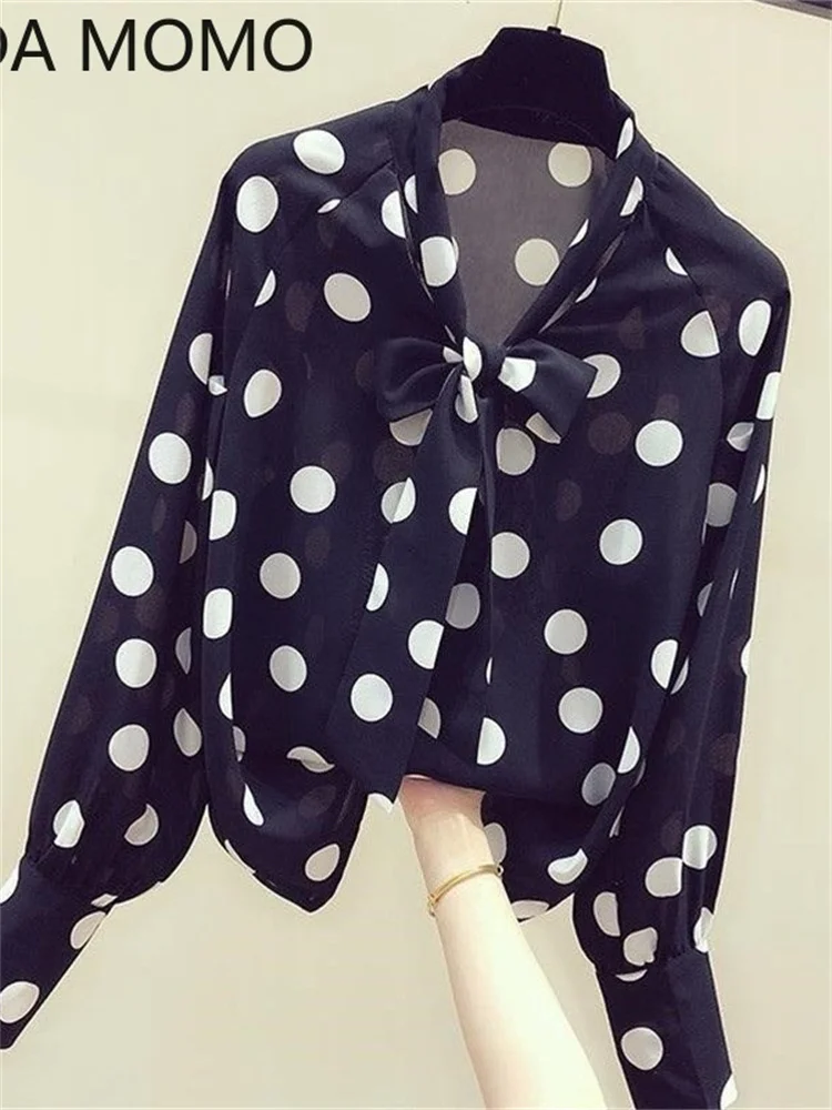 Женская блузка в горошек элегантная винтажная из искусственного шелка с