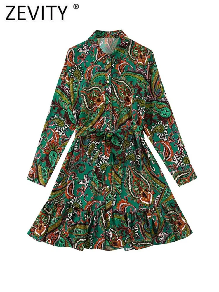 

Новинка, женское винтажное платье-рубашка Zevity с принтом пейсли кешью и орехов, плиссированное мини-платье с оборками, женское двубортное пл...