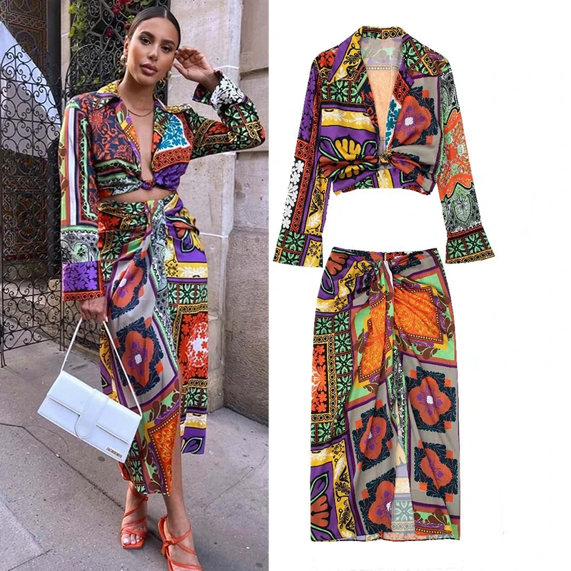 

Fashion retro knotted shirt skirt 2-piece set 2022 summer new fashion slim women suits elegant leisure vacation youth suit women