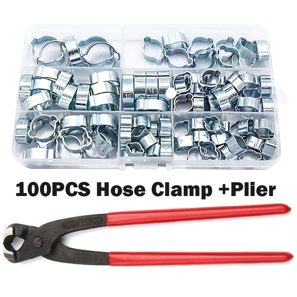 

100PCS Hose Clamp Double Ear O Clip Air Fuel Hose Petrol Pipe Tube Clamp 5-20MM with 1PC Hose Clamp Plier