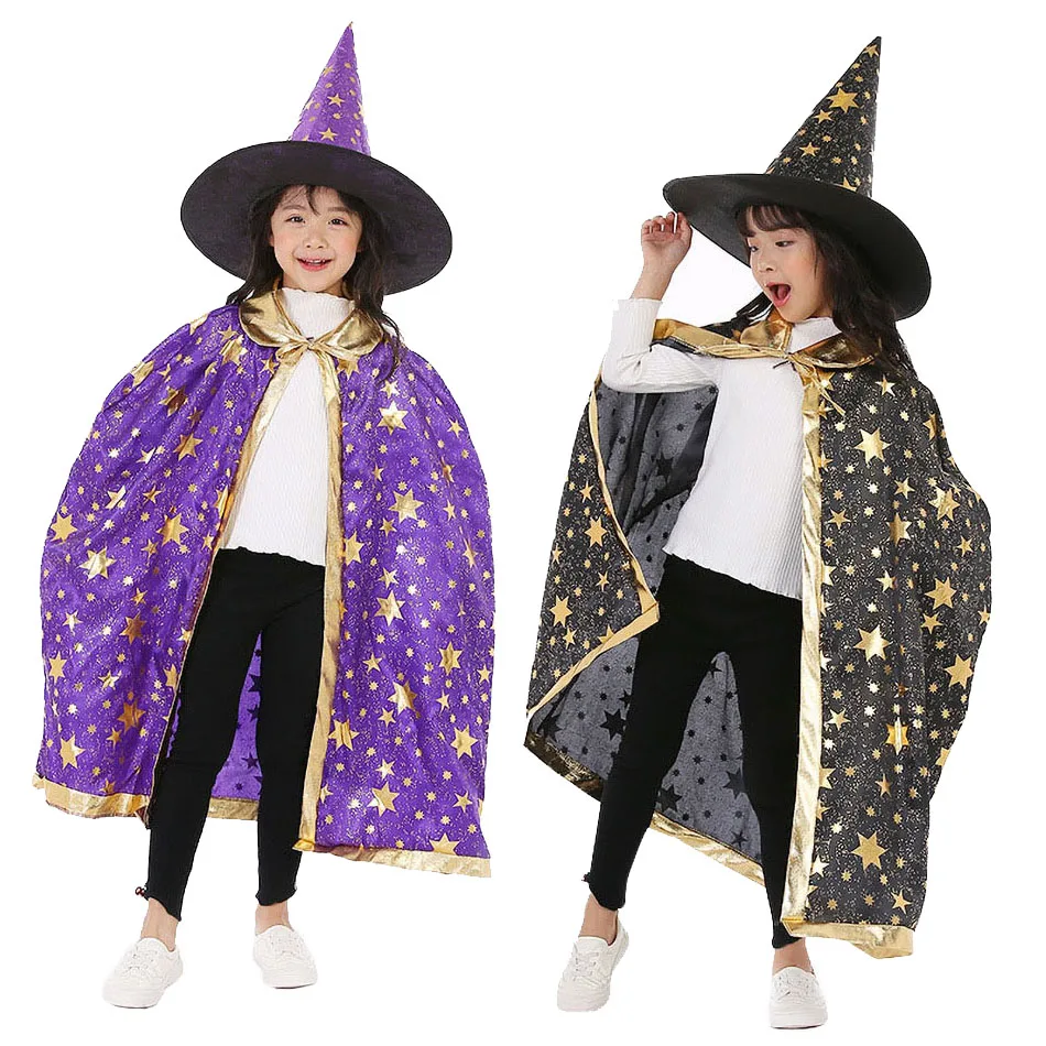 

Children Costume Boy Girl Star Halloween Clothes Kids Lace Up Party Outfit Teen Photography Props Black Purple Red Carnival Cape