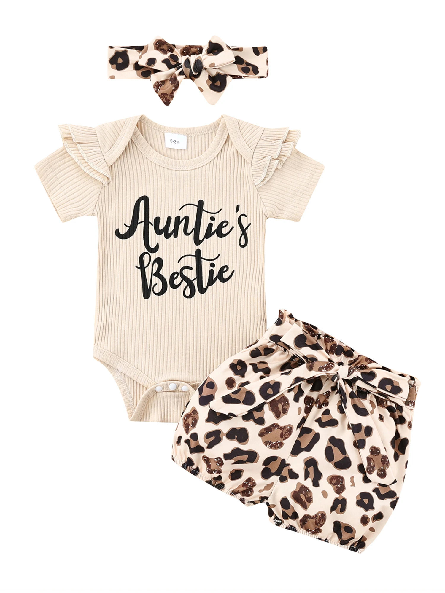 

Baby Girl Clothes Auntie Outfits Short Sleeve Letter Print Romper Bodysuit Tops and Leopard Shorts Set