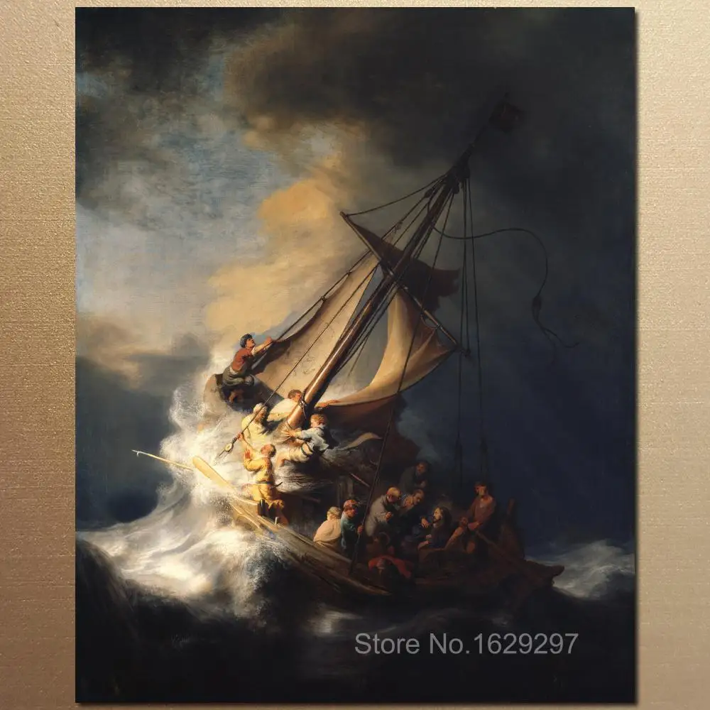 

Hand Painted Rembrandt Van Rijn Oil Painting The Storm On The Sea Canvas Classical Art Jesus Christ Seascape For Room Wall Decor