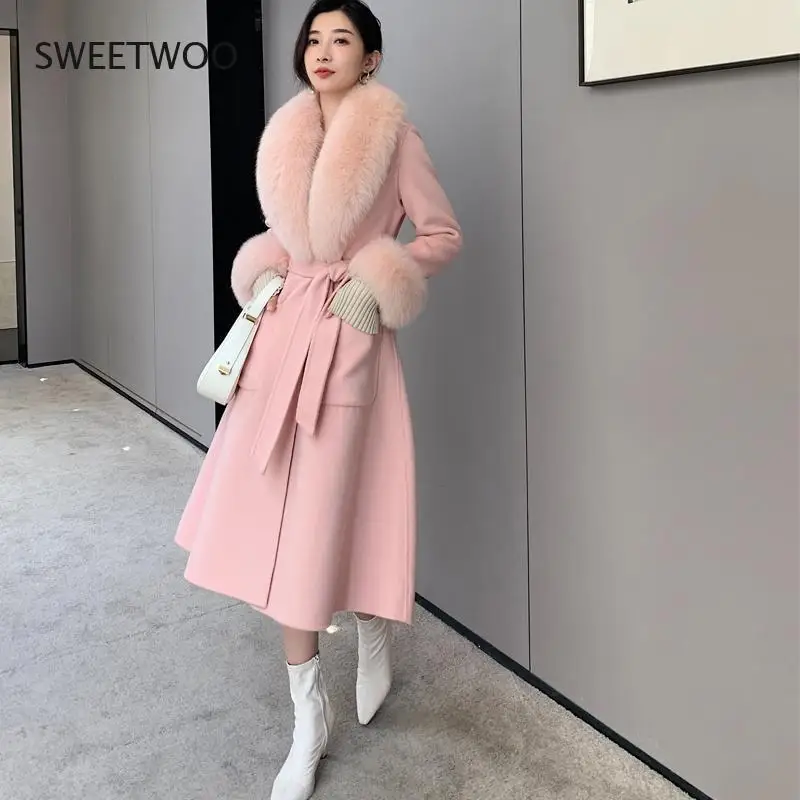 Double Sided faux  Cashmere Coat Fall Winter 2021 New Korean Version faux Fox Big Fur Collar Long Slim White Wool Coat for Women
