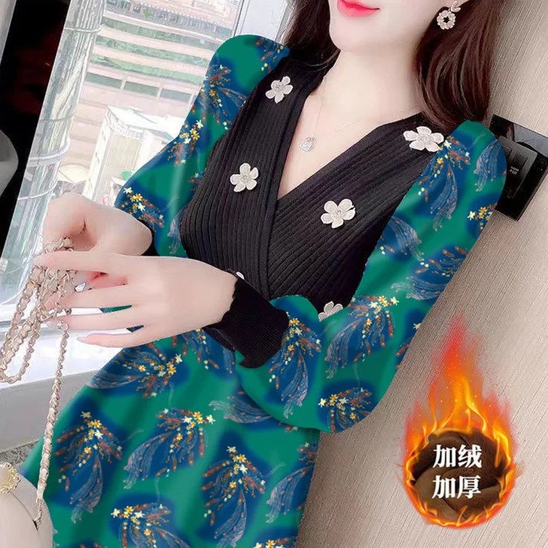 

Женское офисное платье с длинным рукавом, свободное флисовое платье в стиле пэчворк с цветочным принтом и V-образным вырезом, элегантное платье в Корейском стиле для осени