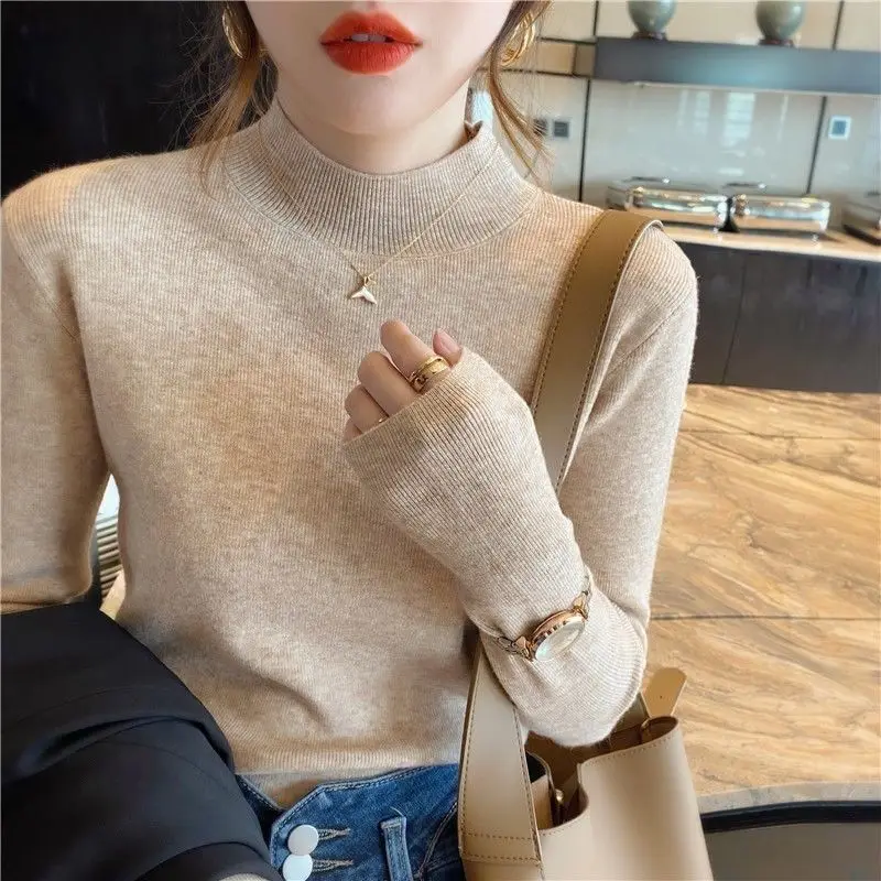 

2023 Spring Autumn Women's Knitting Sweater Mock Neck Pullover Slim Solid High-quality Warmth Comfort Slimming Feel Tops M40