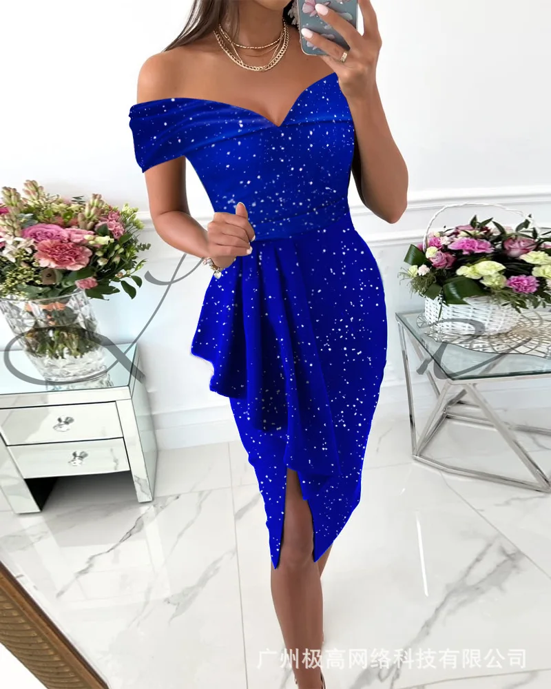 2022 New Sexy Mini Dress One Shoulder Powder Pleated Tight Party Dress