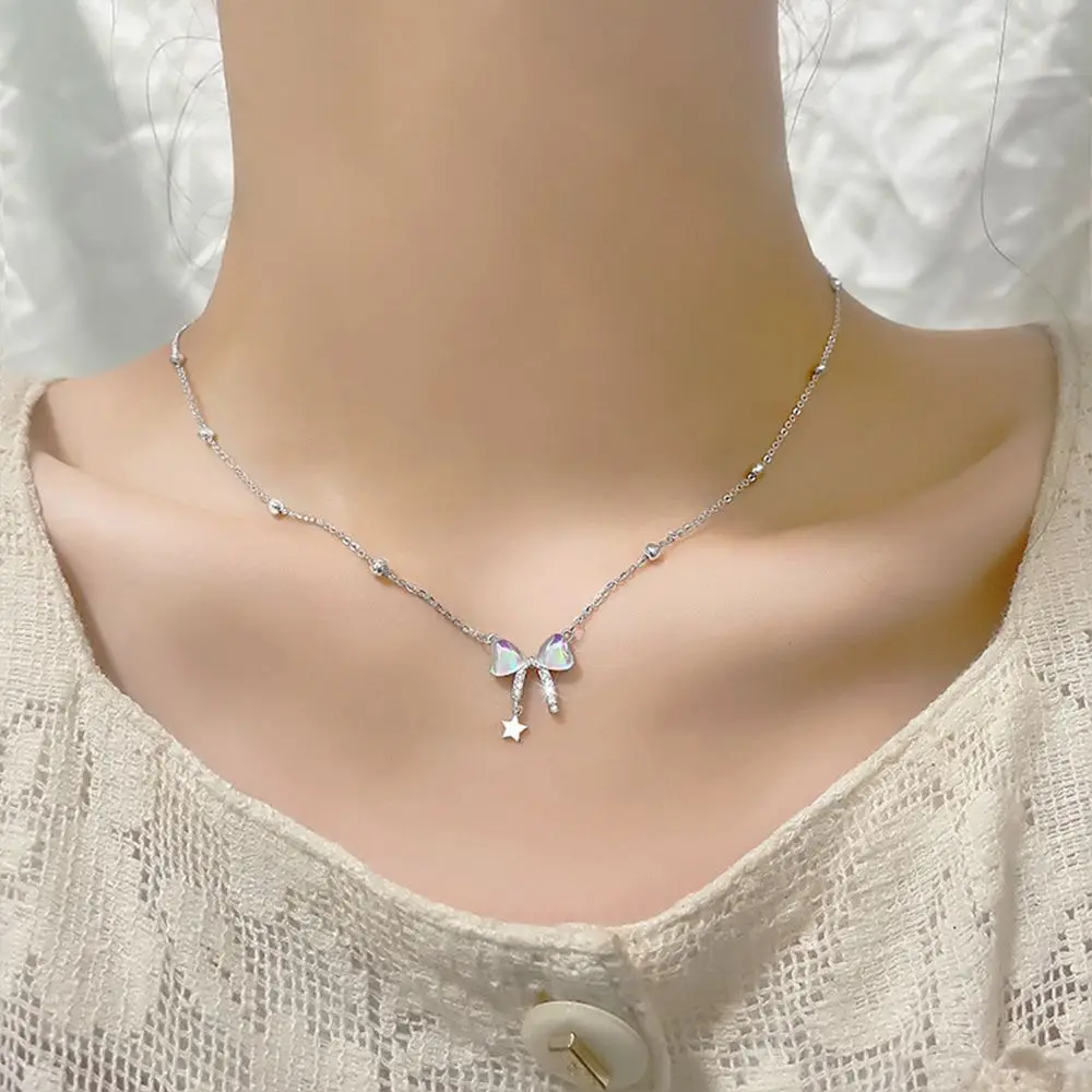 

Chic Sweet Zircon Opal Star Bow Pendant Necklace for Women Fashion Cute 925 Sliver Plated Clavicle Necklace Y2K Jewelry Gift