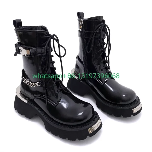 Женские ботинки на шнуровке в стиле панк с лакированным дизайном ковбойские