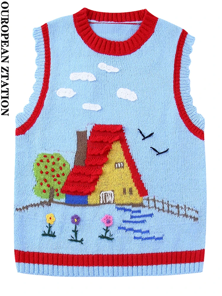 

Женский трикотажный жилет PAILETE с контрастной вышивкой, винтажный свитер с круглым вырезом, женский жилет без рукавов, шикарные топы, 2022