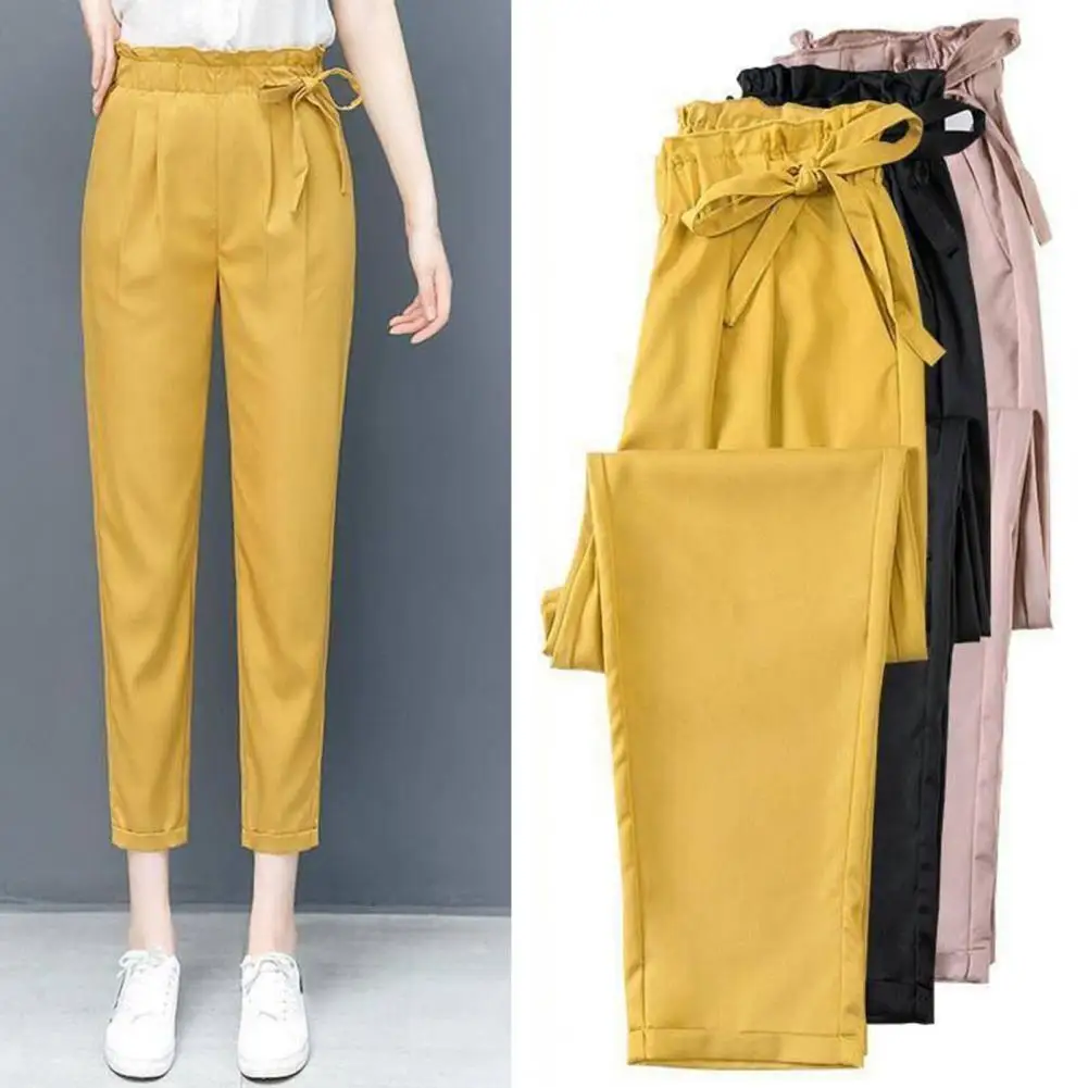 Women Pants Flower Bud Elastic Waistband Lace-up Cropped Pants Straight Leg Solid Color Thin Harem Casual Trousers