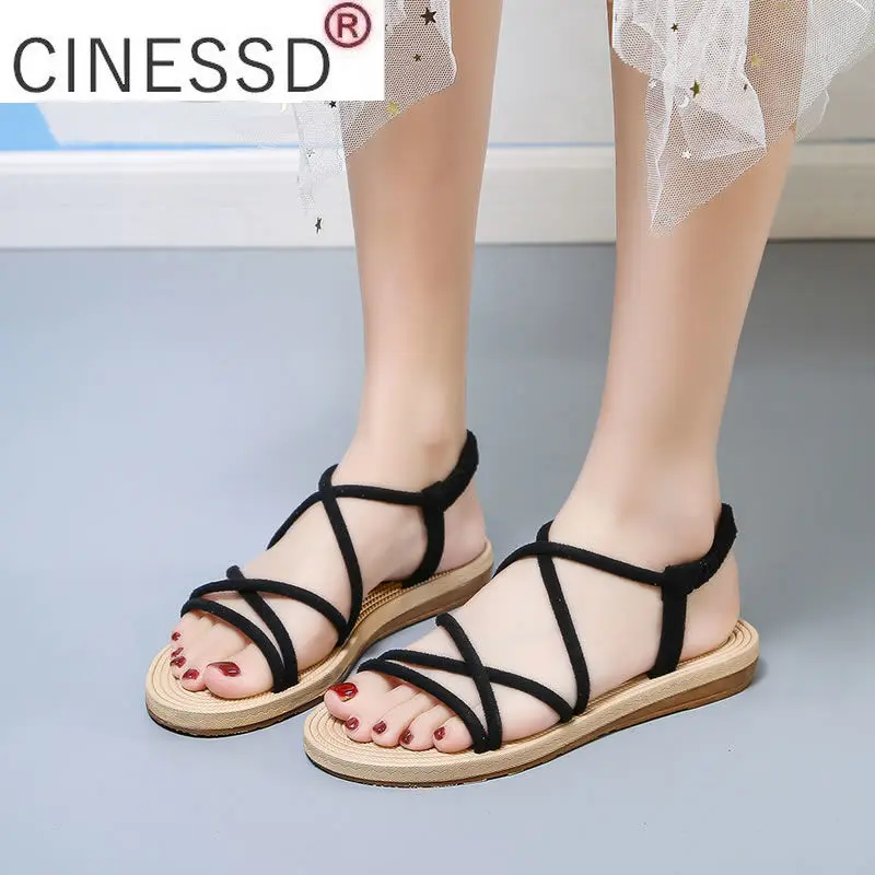 

2022 Summer New Ladies Sandals Ankle Elastic Strap Cross Lace Hollow Flat Shoes Beach Fashion Casual Roman Women's Shoes