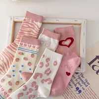 japanese stripe love socks pink cute harajuku socks women cotton leopard print cartoon kawaii woman socks