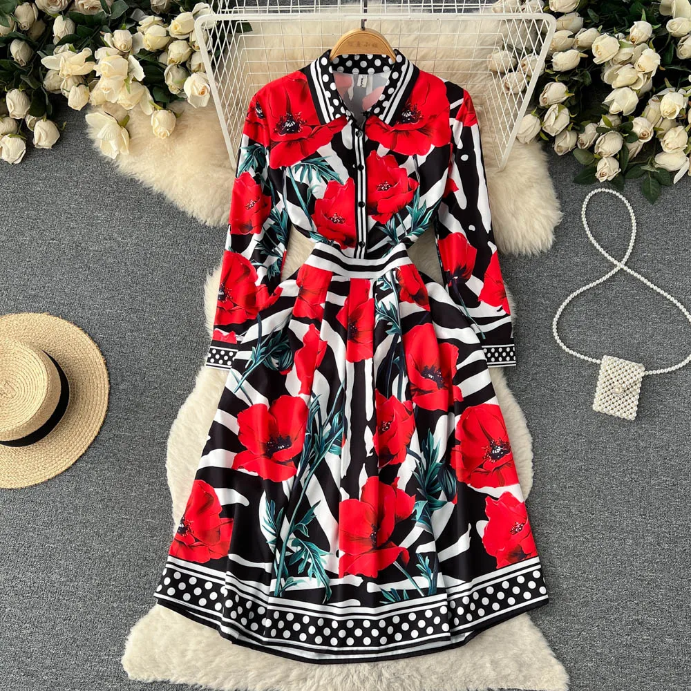 

Europe and the United States Fashion Palace Wind Hundred Take Waist Thin Lapel Print Medium-length Princess Dress