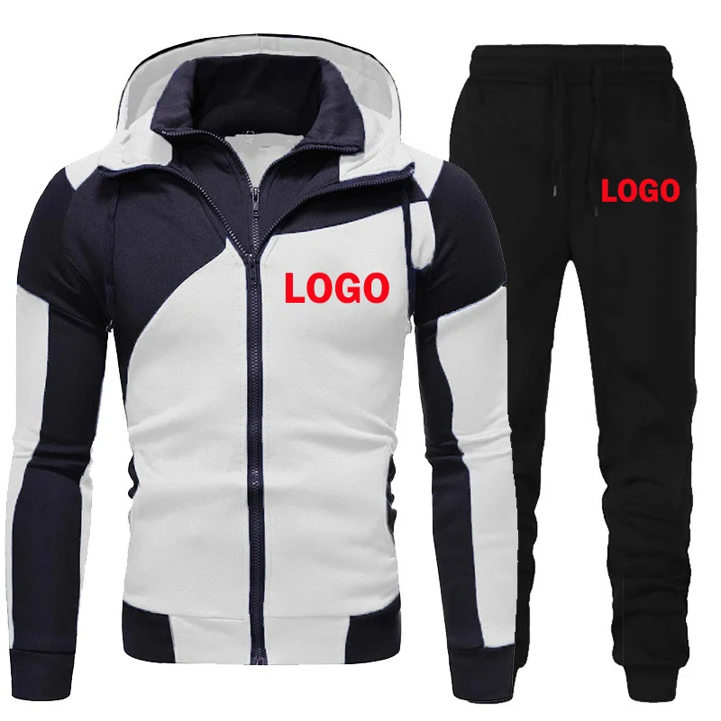 Custom Logo Men Tracksuits Set Casual Sportswear Spring Autumn Long Sleeve Hoodie Zipper Jogging Trouser Patchwork Fitness Suit