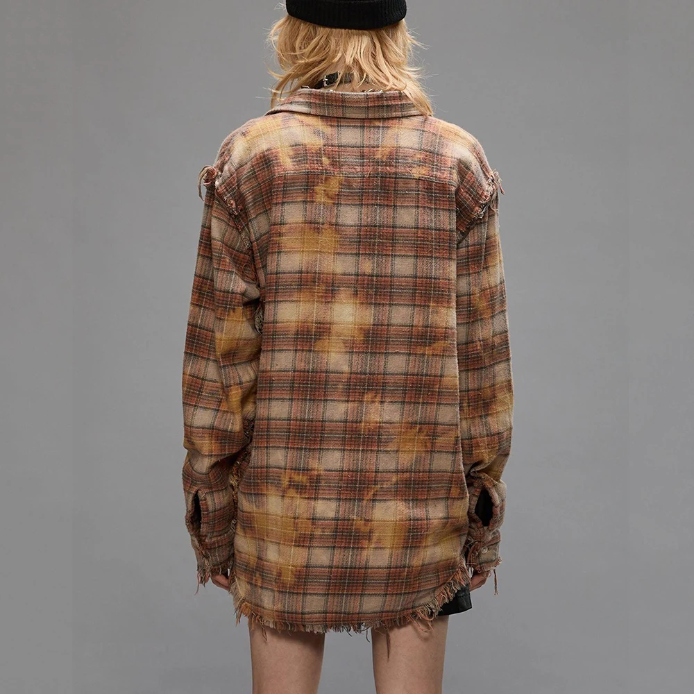 Женская клетчатая хлопковая рубашка с необработанным краем бахромой свободная