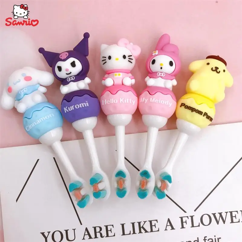 

Детская зубная щетка Sanrio Hello Kitty Melody Kuromi Cinnamoroll, зубная щетка с мягкой силиконовой щетиной, не повреждает десны, детский подарок