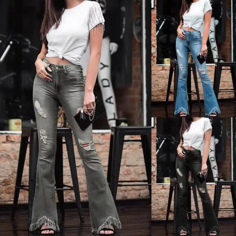 2023 Spring Autumn Women Flare Jeans High Waist Slim Fitted Denim Pants with Tassel Hem Ladies Ripped Wear Skinny Denim Jeans