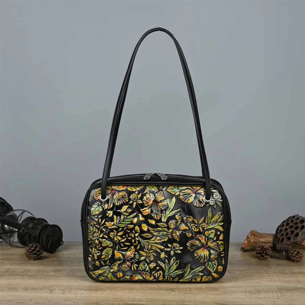 

MS Retro Style Genuine Leather Shoulder Bag Luxury Vintage Print Flower Pattern Casual Tote Zipper Handbags and Purses 2022 New