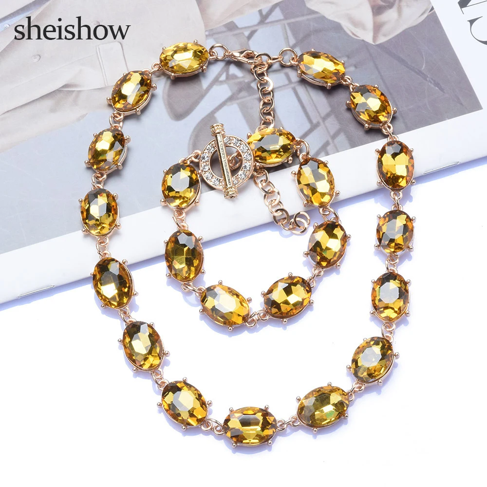 

Sheishow Luxury Shiny Glass Clavicle Chain Fashion Choker Metal Crystal Necklace for Women Banquet Trendy Jewelry Design Collar