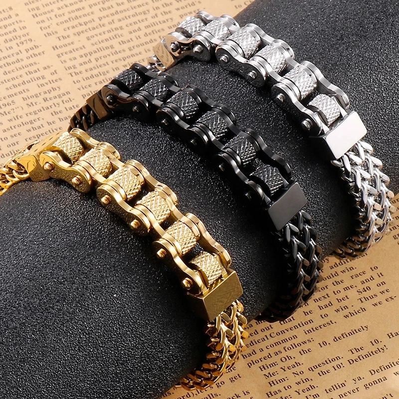 

12mm Heavy Men 18K Gold Plate Bike Bicycle Chain Bracelet Hiphop Black Stainless Steel With Magnet Clasp Biker Bracelets Jewelry