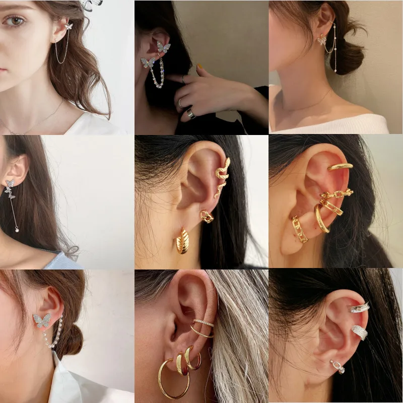 

Creative Simple Ear Bone Clip Personalized Golden Butterfly Pearl Drop Chain Hollow Earrings