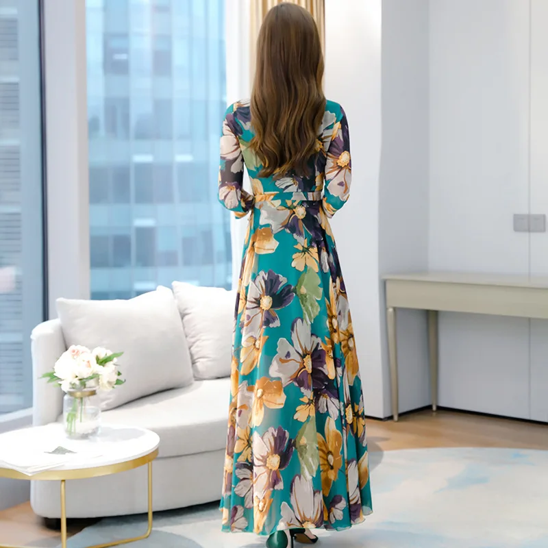 Muslim Women Maxi Floral Chiffon Dress Autumn Long Sleeve Runway Elegant Vintage Korean Long Dresses party Night  muslim dress