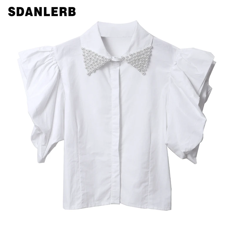 

White Heavy Industry Pearl Collar Shirt Women's Summer New Temperament All-Match Camisas De Mujer Puff Sleeve Short Top