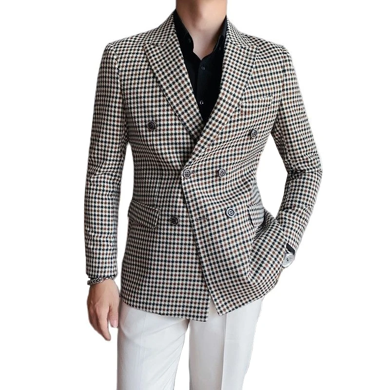 

Autumn British Style Slim Fit Houndstooth Blazer for Men 2022 Fashion Double Breasted Business Office Wedding Dress Suit Jacket