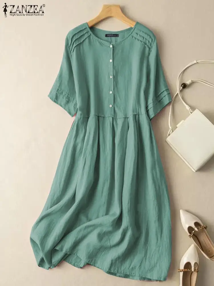 

Платье-рубашка ZANZEA с круглым вырезом, винтажное однотонное плиссированное платье миди с коротким рукавом, в стиле ретро, лето 2023