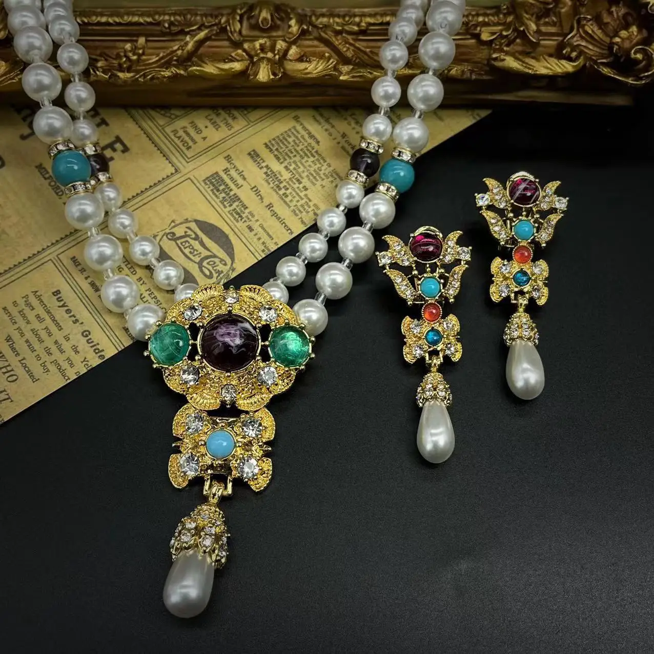 Винтажные жемчужные Подвесные серьги ожерелье позолоченные европейские