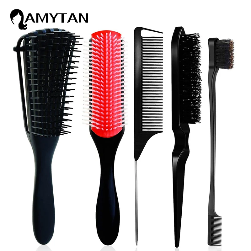 

5 Pcs Detangling Brush Set Cushion Nylon Bristle Shampoo Brush Teasing Brush Dual Edge Brush Styling Comb for Curly Hair