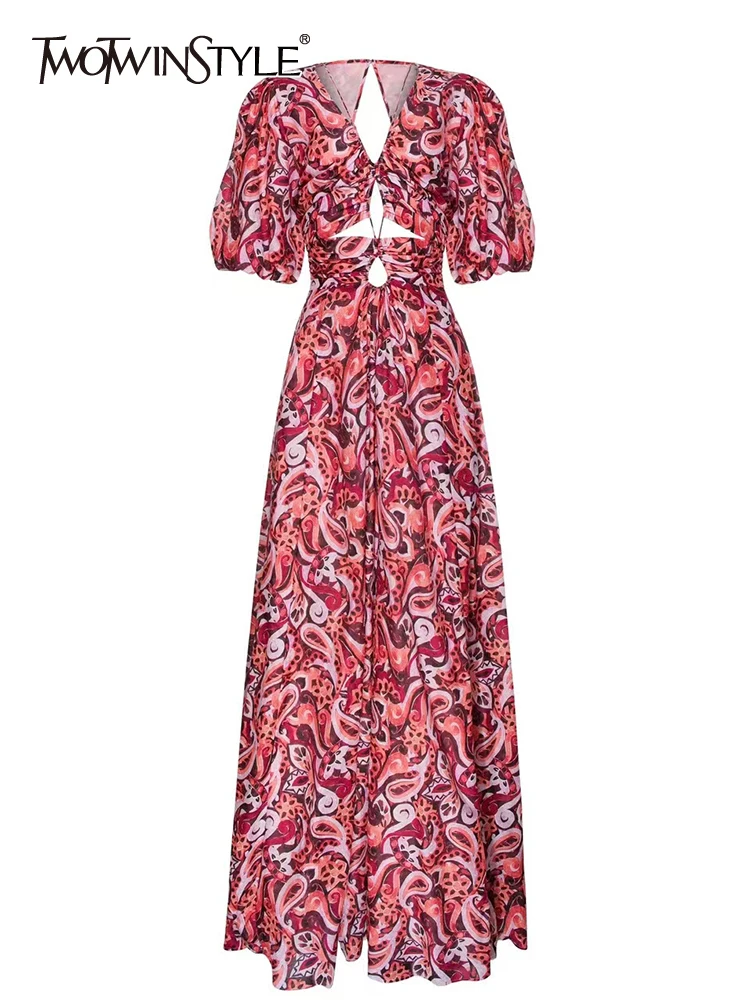 

Женское платье с принтом TWOTWINSTYLE, летнее платье с v-образным вырезом, рукавами-фонариками и высокой талией, Новинка