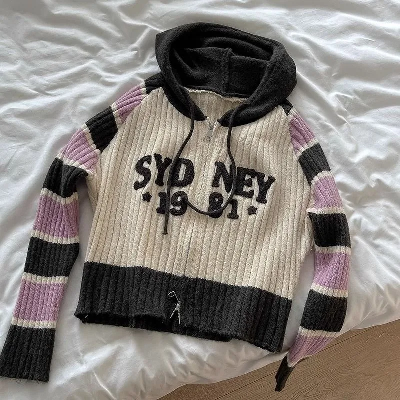 

Korean Trendy Striped Double Zipper Cardigans Hooded Crop Tops Warm Winter Sweaters Women Skinny Slim Hoodies Streetwear Casual