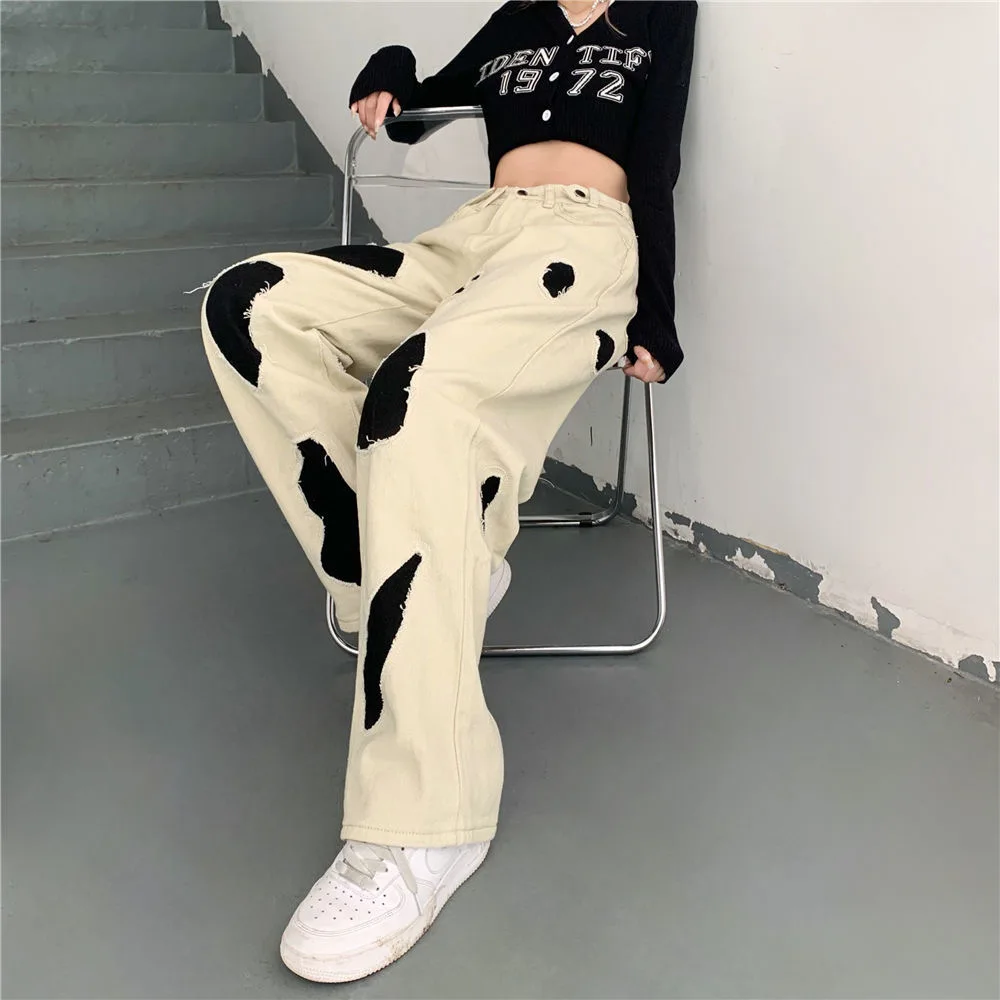Hip-hop Jeans Y2k American High Street Embroidery Patch Cat Whisker Straight Jeans Men And Women Design Sense Oversize Trousers