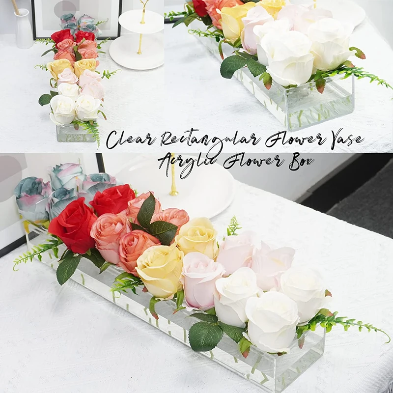 

10-24 Holes Clear Acrylic Rectangle Flower Vase With Lid Wedding Dinner Table Floral Centerpiece Morden Floral Vases Home Decor