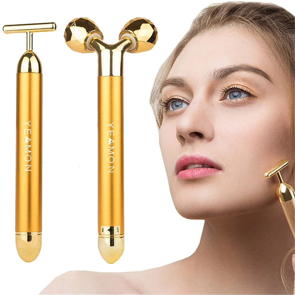 

Роликовый массажер для лица 2 в 1, 24k, золотой импульс, электрический 3D ролик для красоты, V Lift, против морщин, подтяжка кожи, укрепление