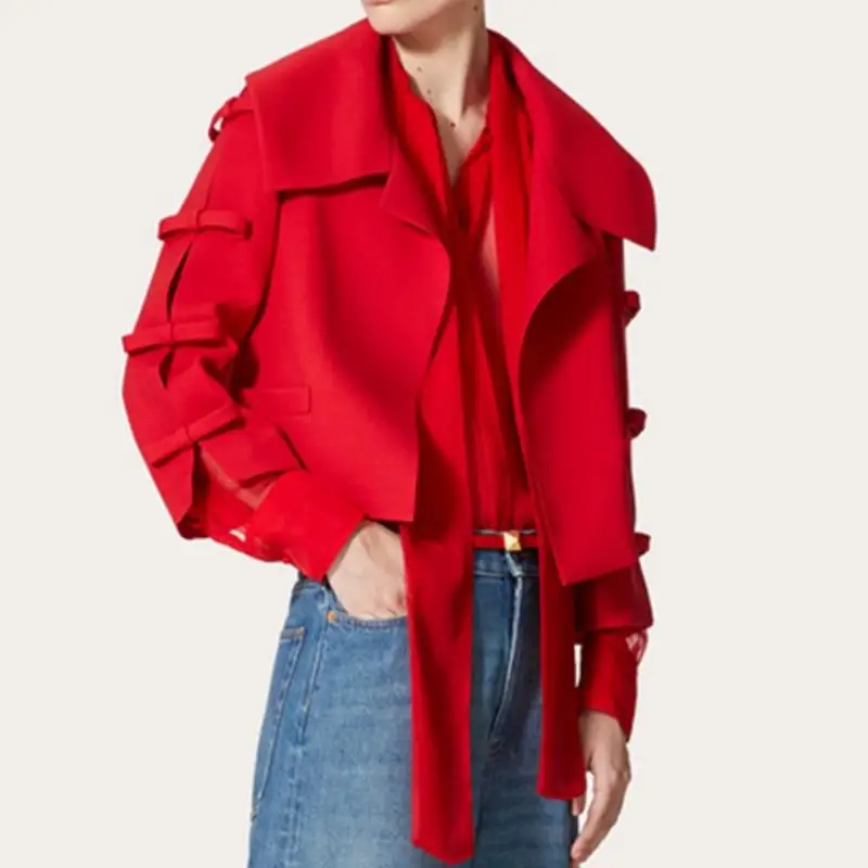 Подиумный укороченный пиджак с 3D бантом и длинными рукавами брендовое модное