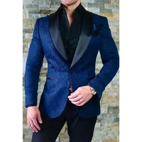 Navy Jacquard Men Suits Black Lapel Jacket With Pant 2 Pieces Wedding Tuxedos Formal Business Blazer Custom Made Dinner Dress