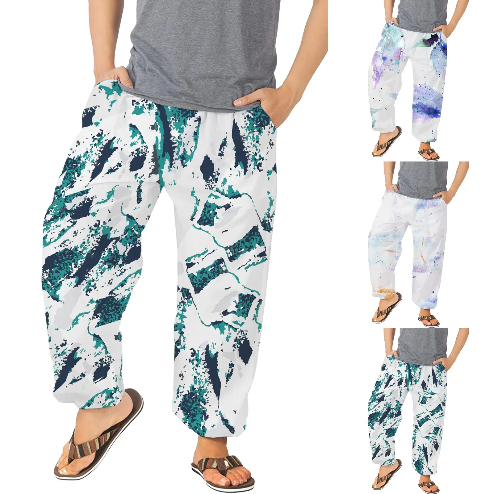 

Mens Pants Casual Versatile All Print Loose Pants Fashion Beach Pocket Trousers Docker D3