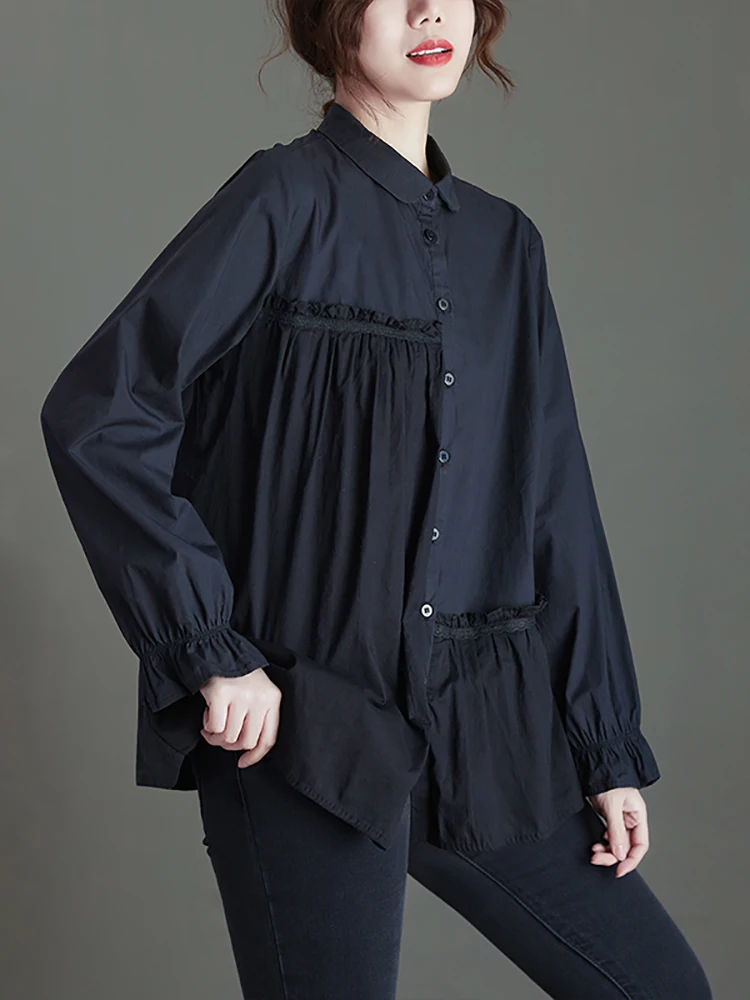 

Spring New Patchwork Shirts For Women Cotton Linen Fashion Petal Sleeve Modern Design Temperament Urban Office Lady Blouse White