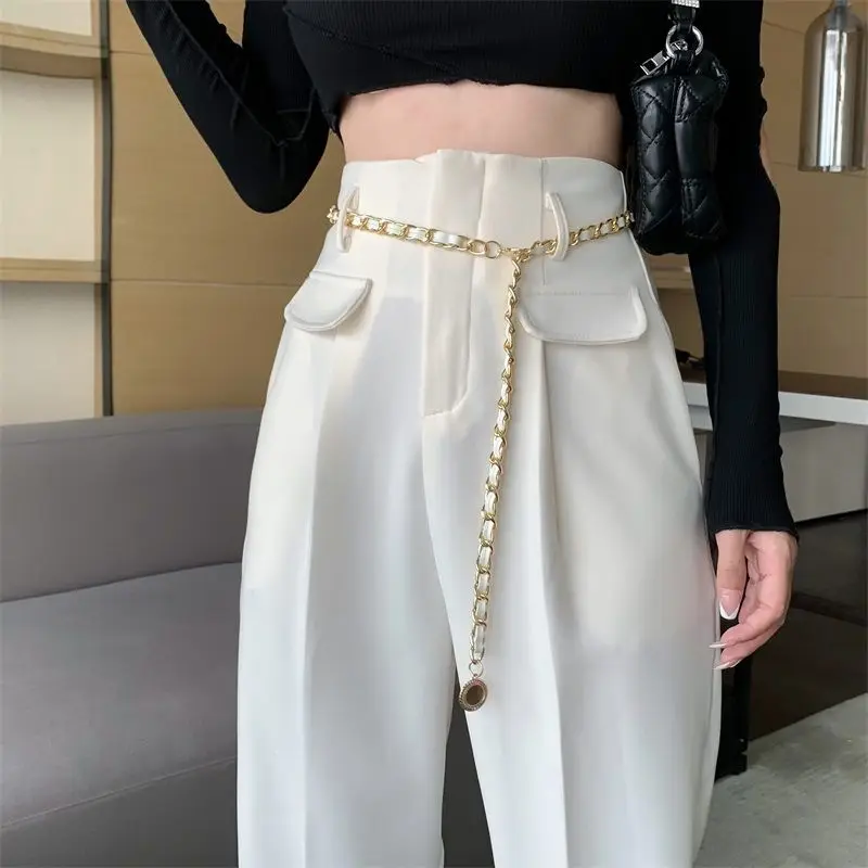 

High Waist Business Suit Pants Women Fashion Office Ankle Length Harem Pants Work Casual Pant with Chain Pantalones T822